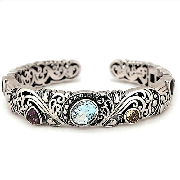Vintage Sterling Silver Bangle, Multicolor Gemstone Engraved Cuff, Elega… - Picture 2 of 5